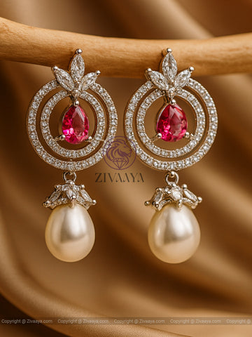 Celestial Glow Sapphire & Pearl Earrings – Red Stone – Zivaaya