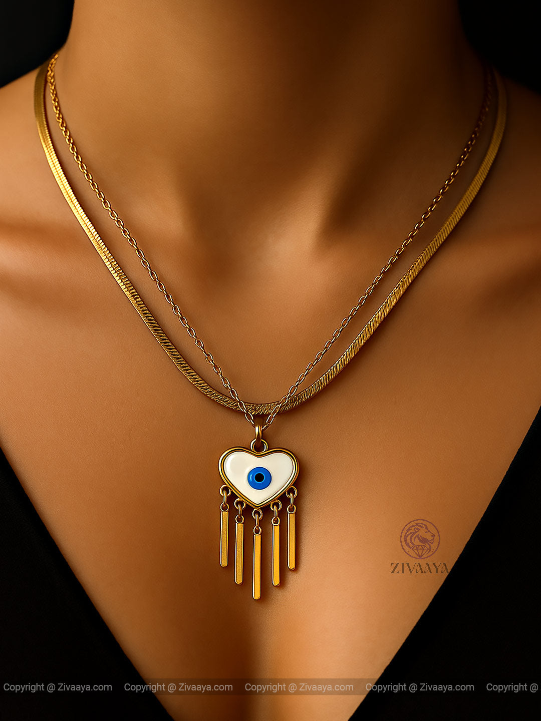 Layered gold chain featuring Evil Eye and heart - Zivaaya