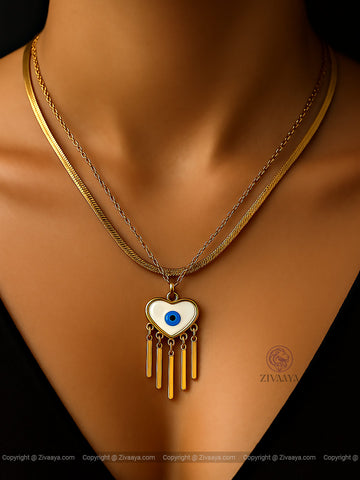 Layered gold chain featuring Evil Eye and heart - Zivaaya