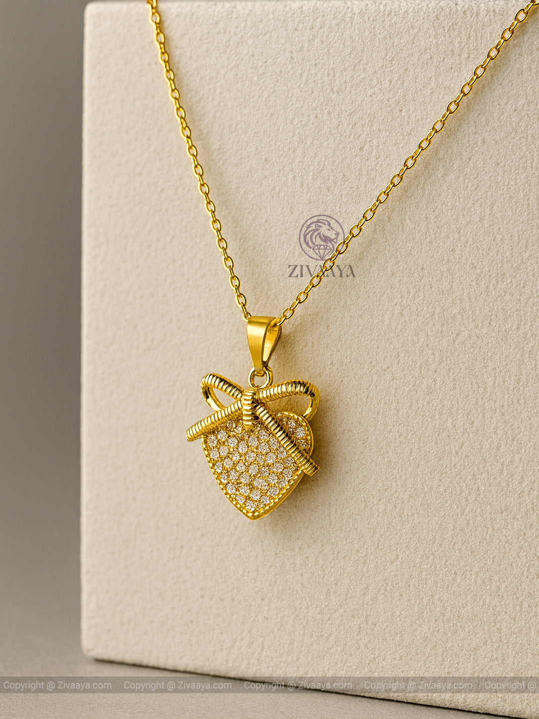 Golden Heart Bow Pendant Necklace - Zivaaya
