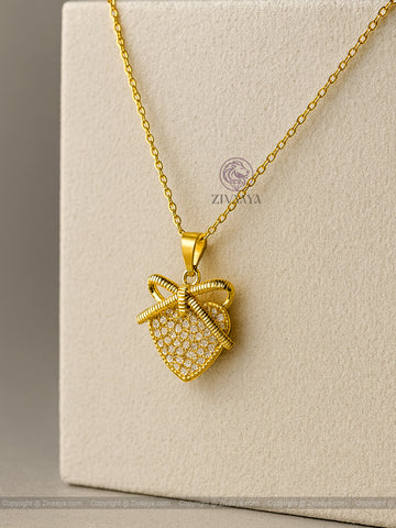 Golden Heart Bow Pendant Necklace - Zivaaya