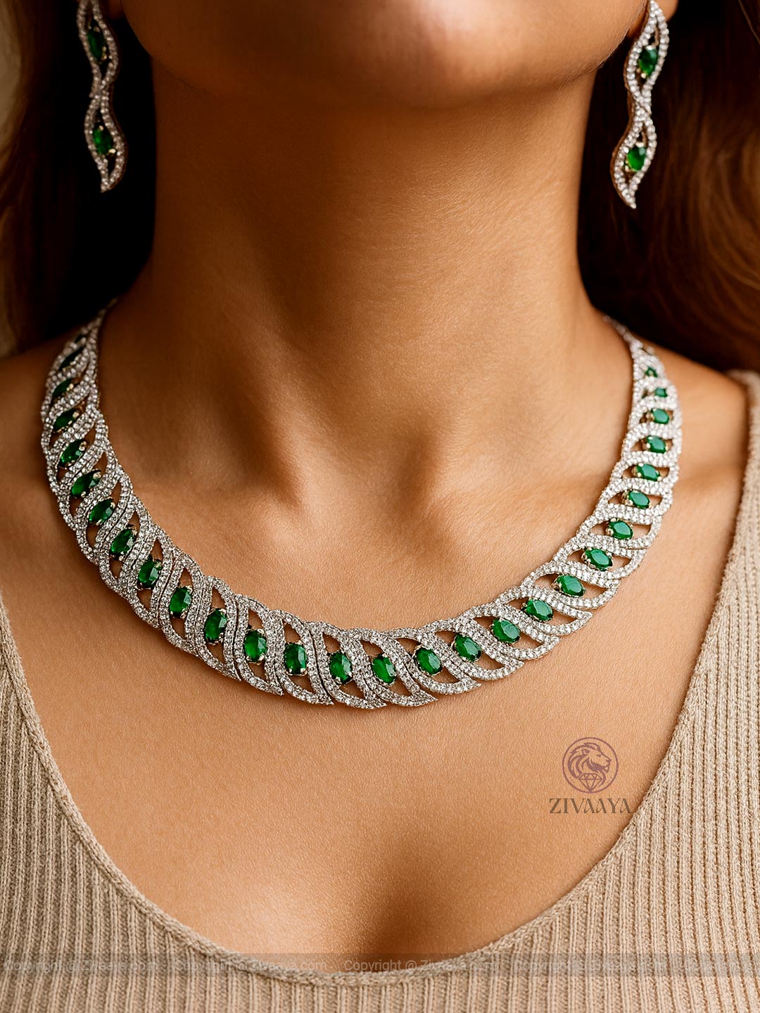 Breeze Silver Emerald Necklace Set – Zivaaya