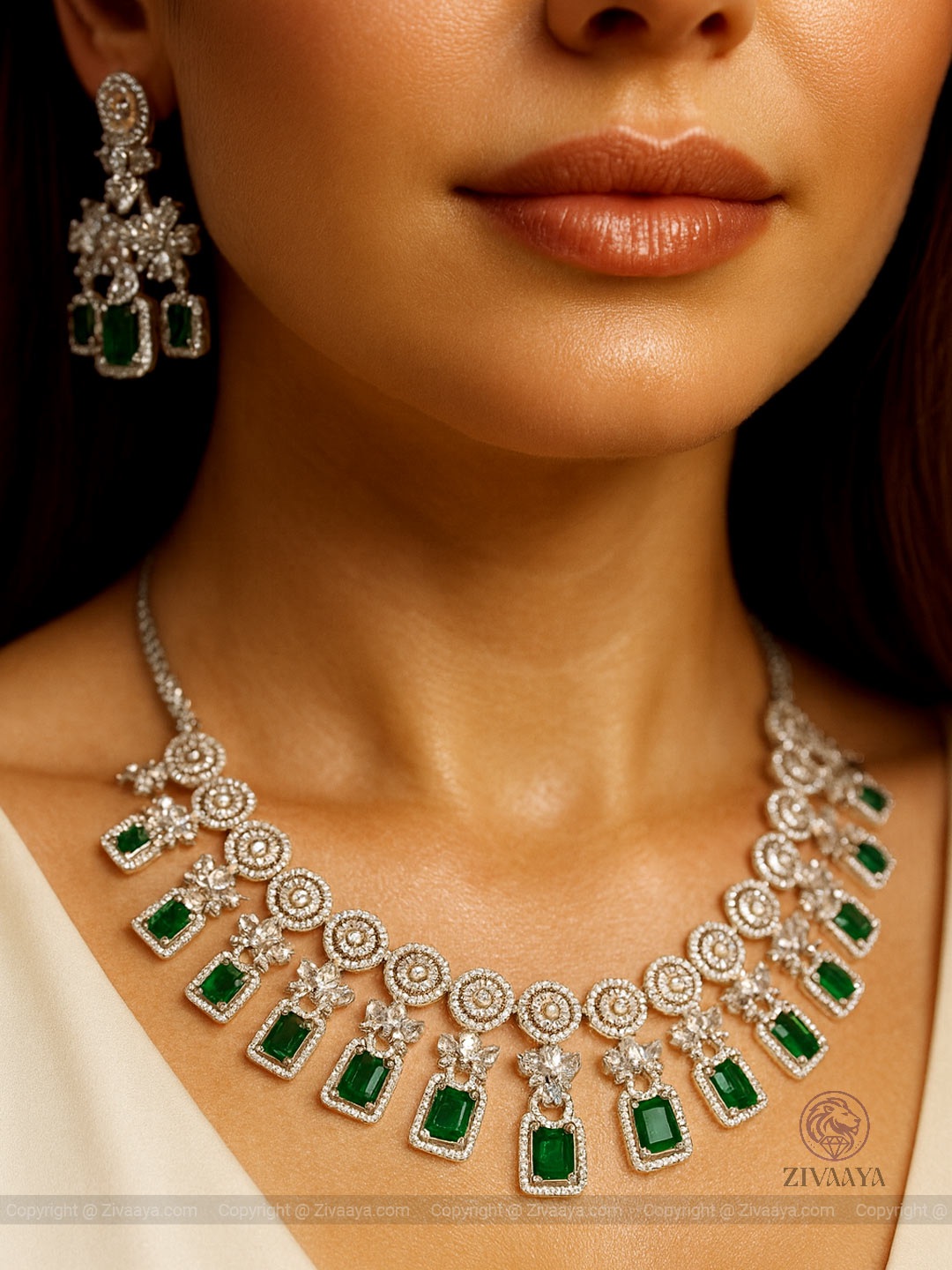 Majesty Silver Emerald Green Necklace Set – Zivaaya