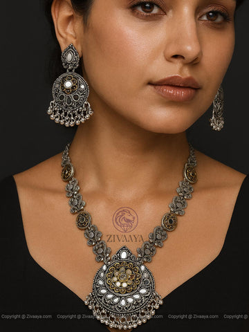 Antique Oxidised Silver & Gold Statement Necklace Set – Zivaaya