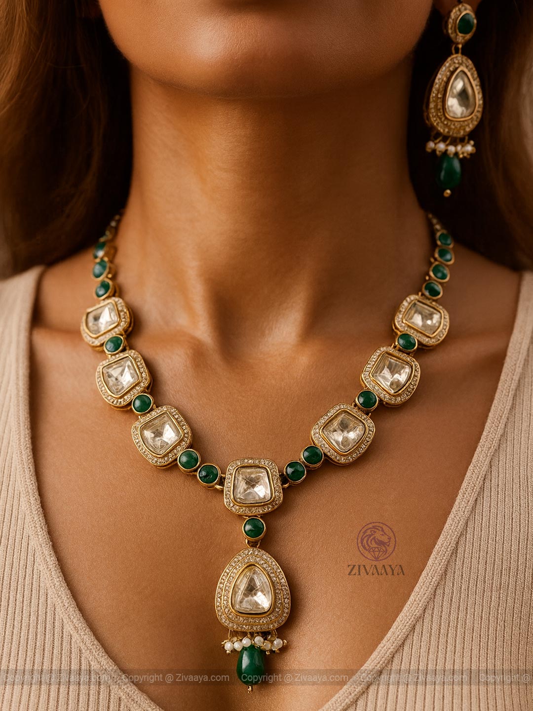 White Navrang Kundan Polki Necklace Set | Zivaaya