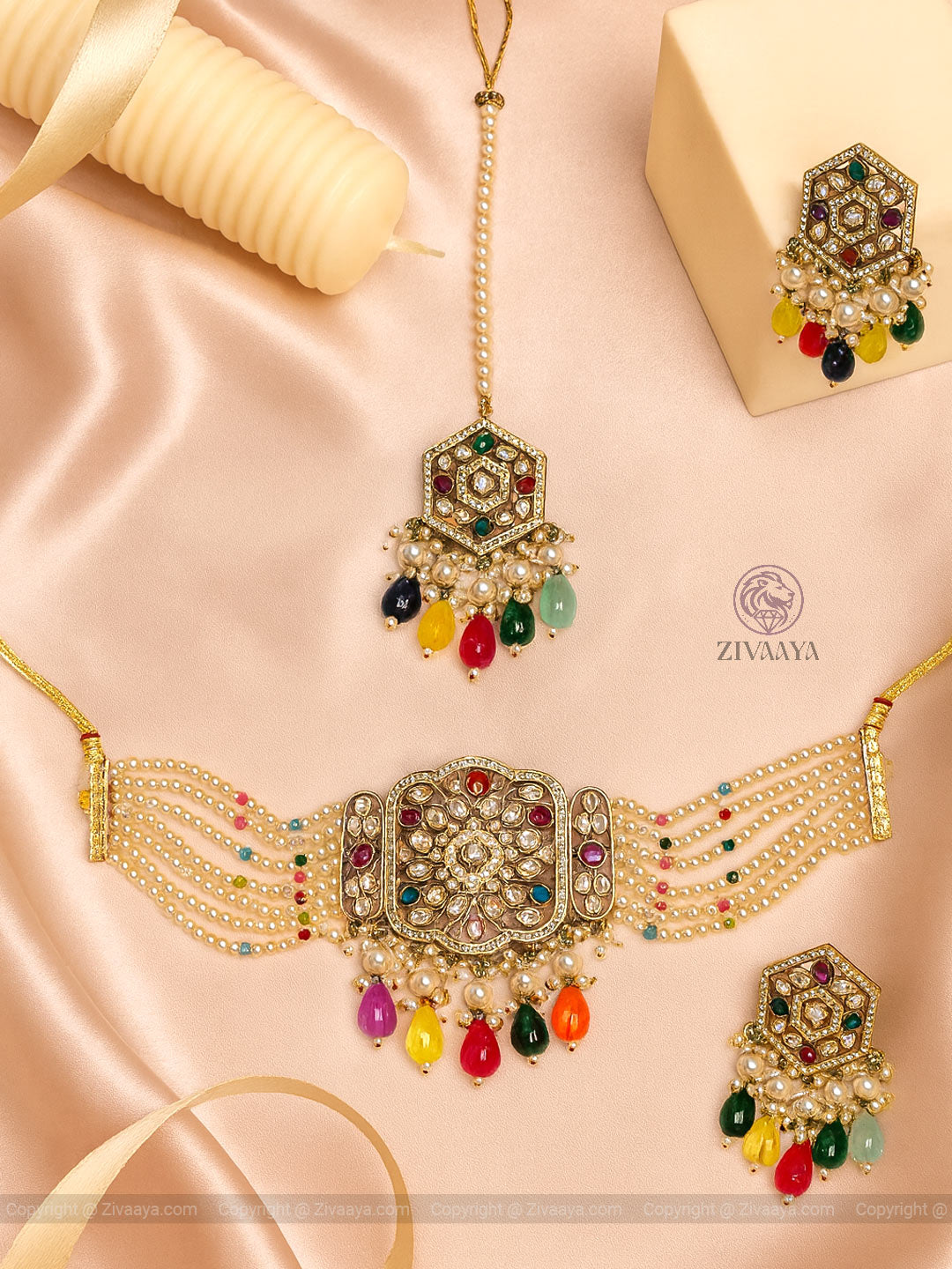 White Navrang Kundan Polki Necklace Set | Zivaaya