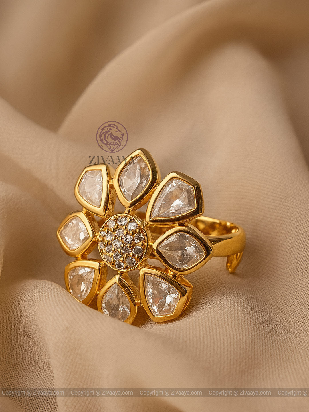 Floral Majesty Kundan AD Ring – Royal Statement Bloom