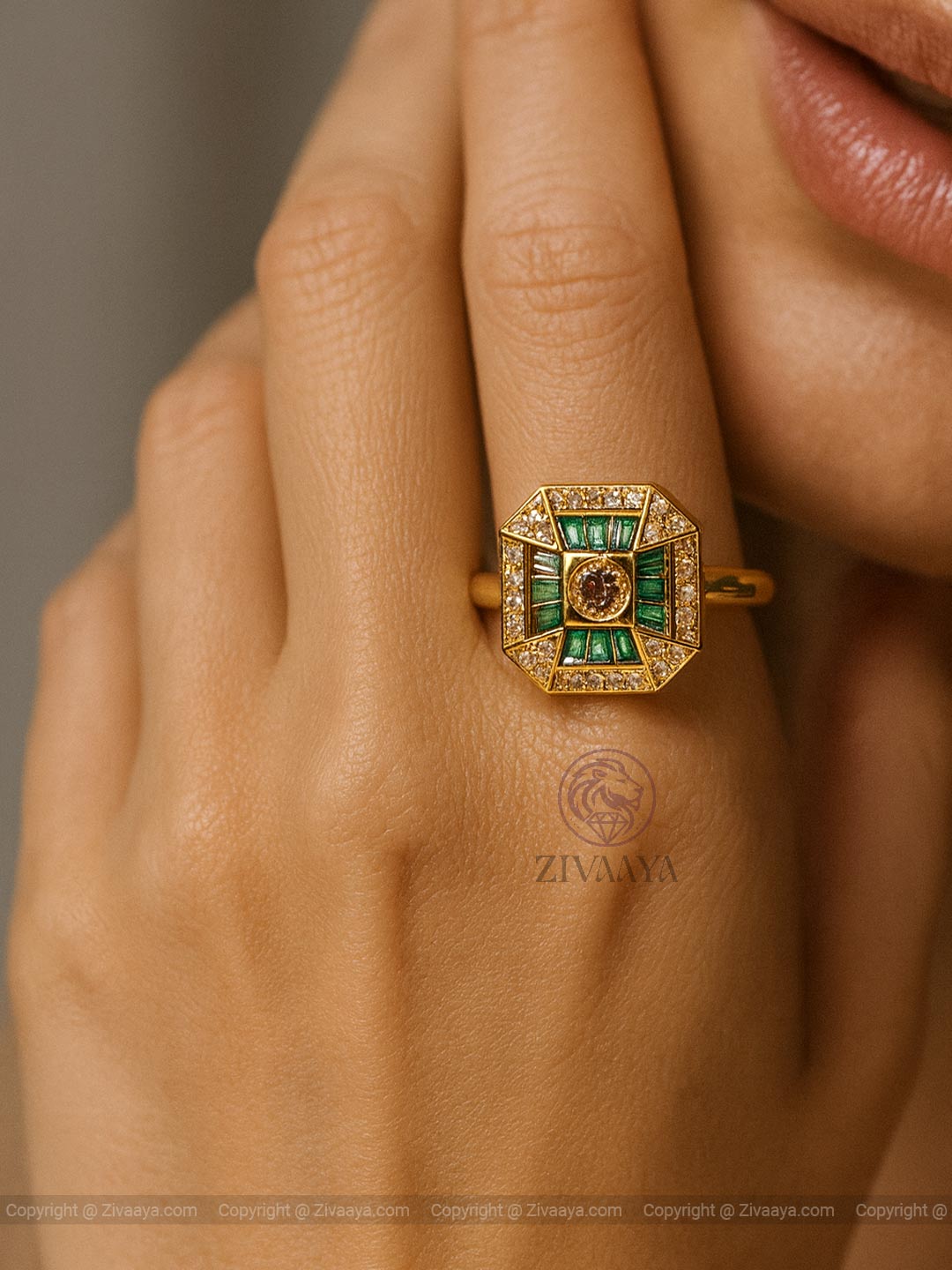 Emerald Radiance Statement Ring – Gold Finish | Zivaaya