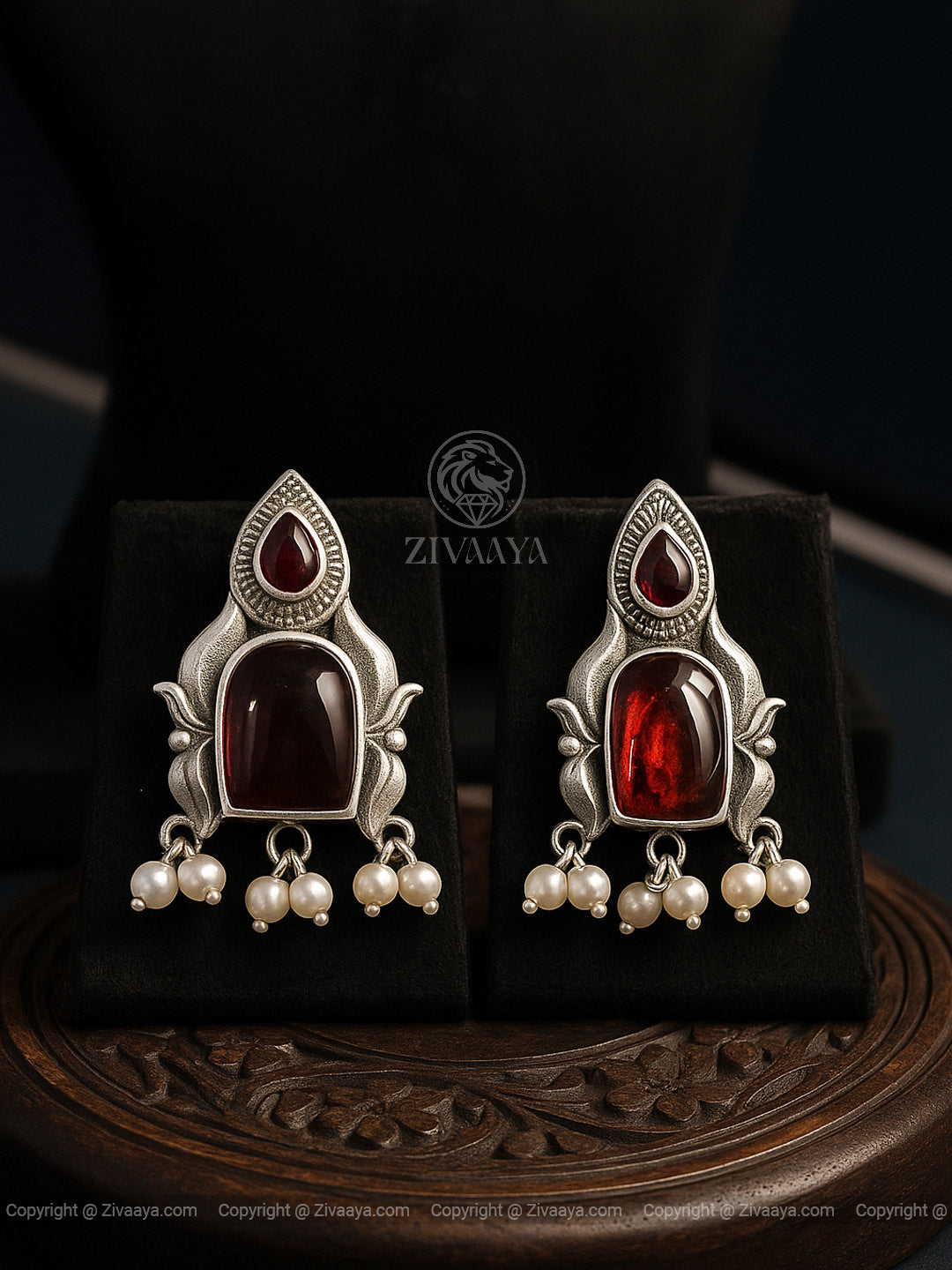 Pearl Kissed Ruby Silver Earrings – Zivaaya