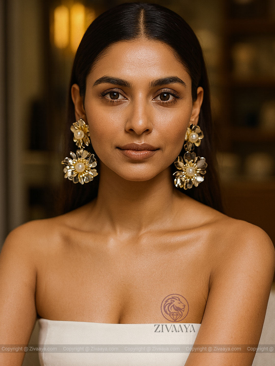 Gold finish pearl statement earrings – Zivaaya