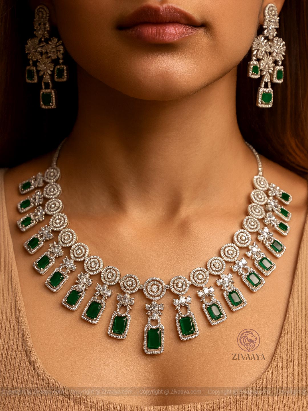 Majesty Silver Emerald Green Necklace Set – Zivaaya