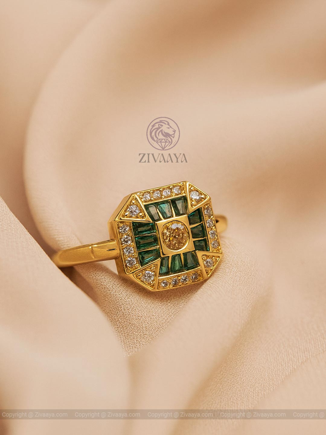 Emerald Radiance Statement Ring – Gold Finish | Zivaaya