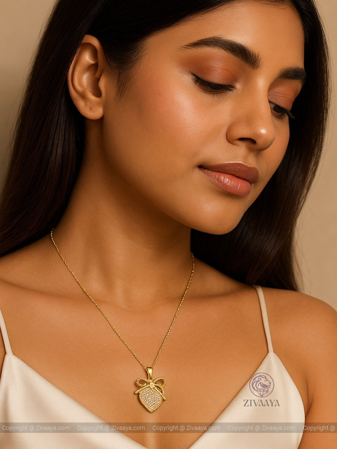 Golden Heart Bow Pendant Necklace - Zivaaya