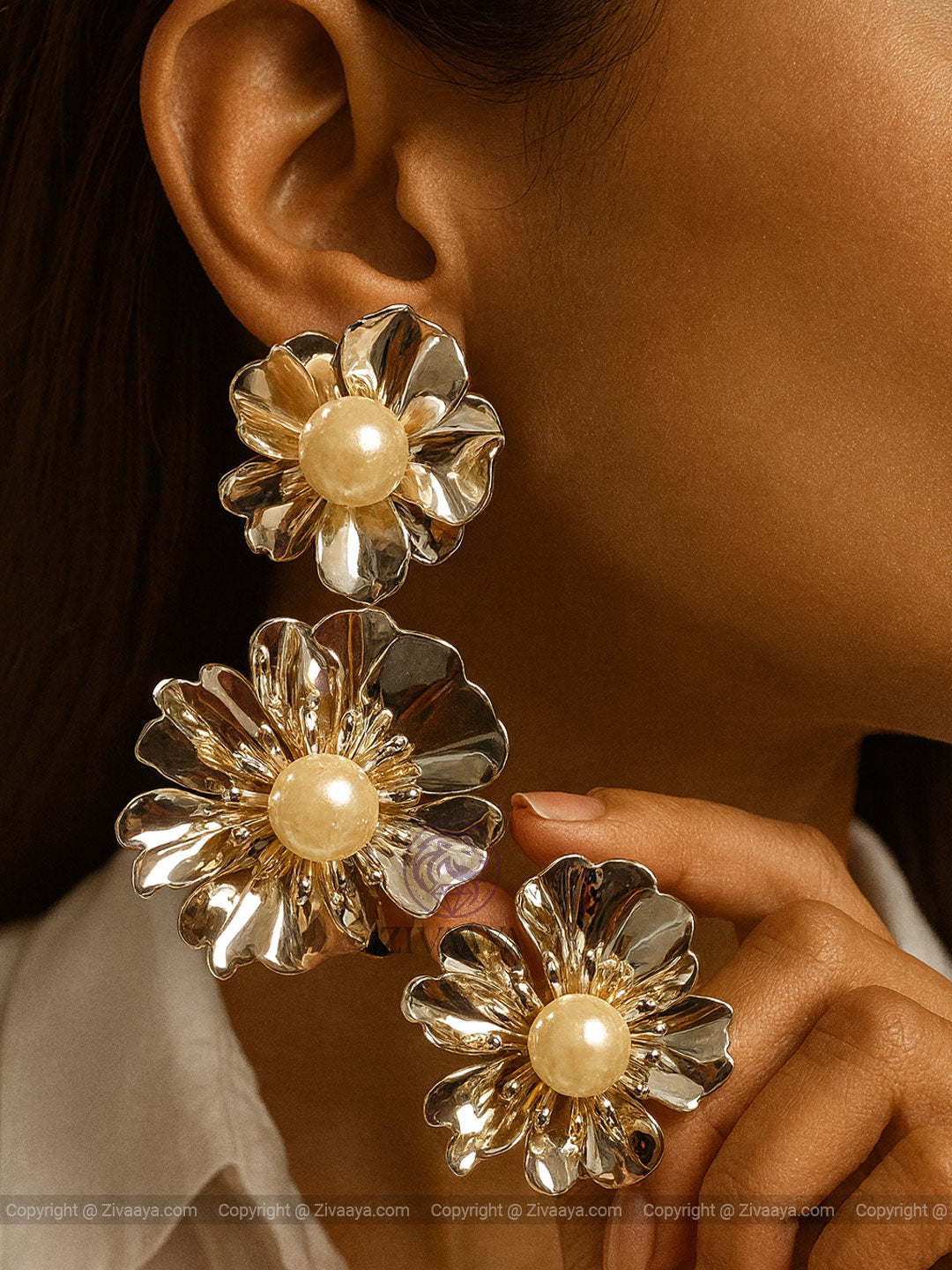 Gold finish pearl statement earrings – Zivaaya