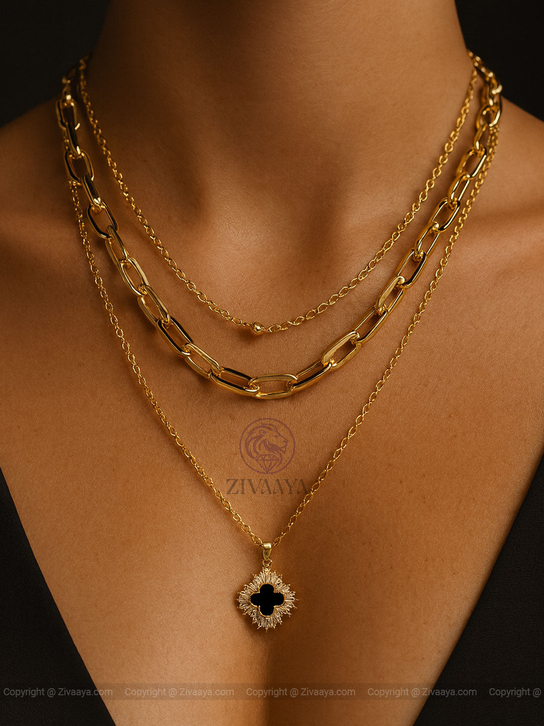 Layered Black Enamel Gold Pendant Set