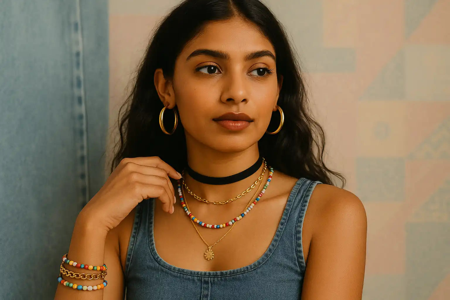 Woman wearing trendy layered necklaces, gold hoop earrings, and colorful beaded bracelets, showcasing modern fashion jewellery in India.