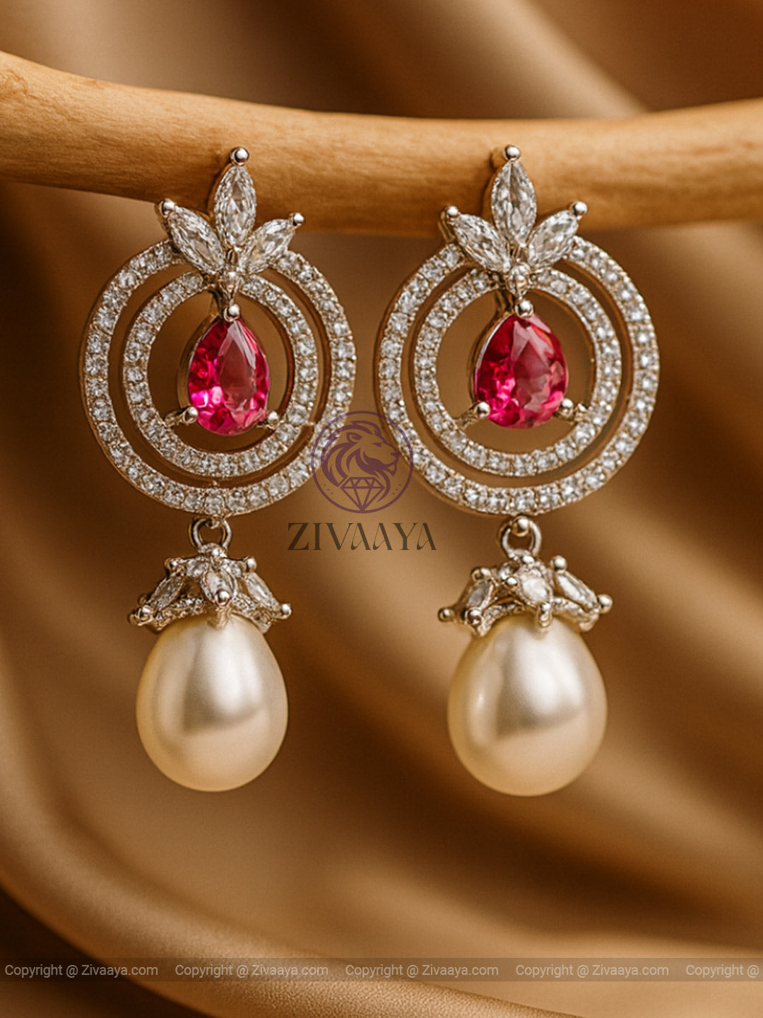 Celestial Glow Sapphire & Pearl Earrings – Red Stone – Zivaaya