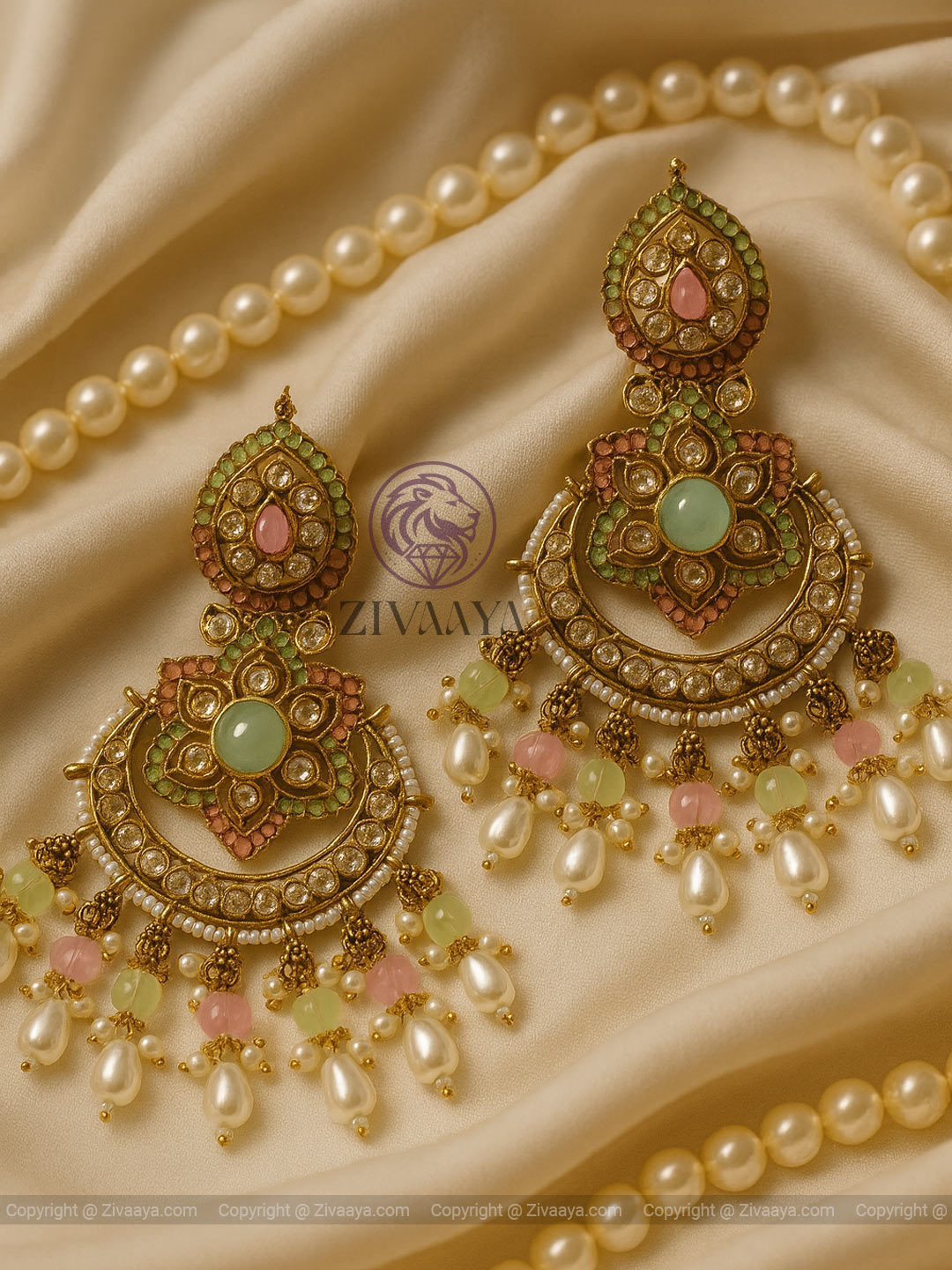 Heritage Kundan Pearl Drop Jhumka in multi-color stones with antique finish – Zivaaya"