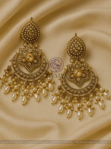 Heritage Kundan Pearl Drop Jhumka in gold with antique finish – Zivaaya