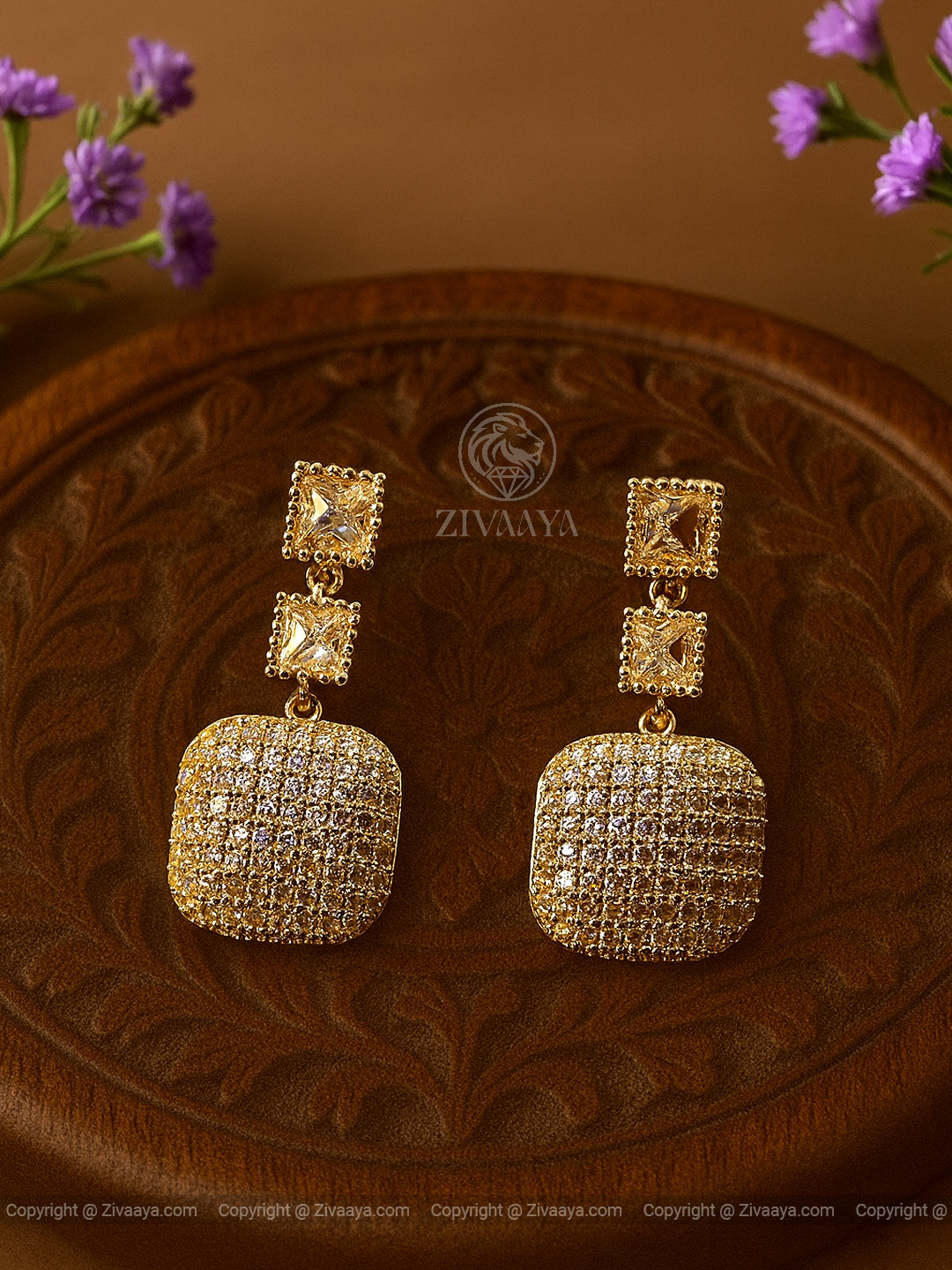 Gold Finish Square American Diamond Earrings – Zivaaya