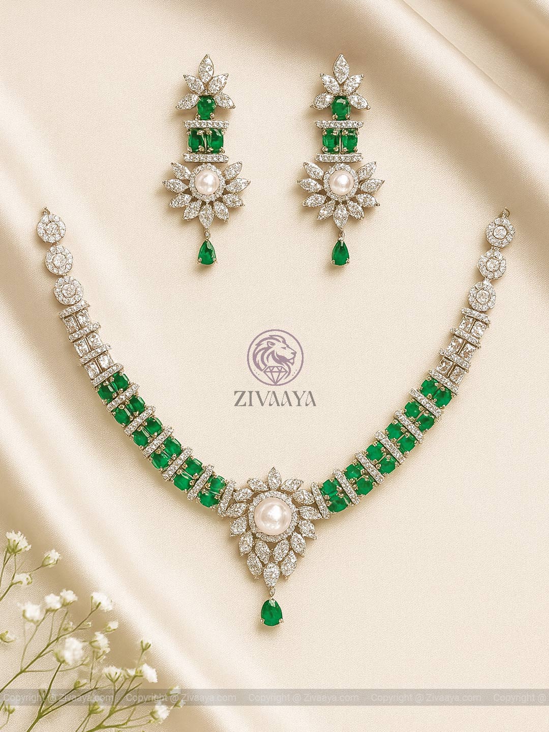 Emerald Bloom Green Pearl AD Necklace Set - Zivaaya