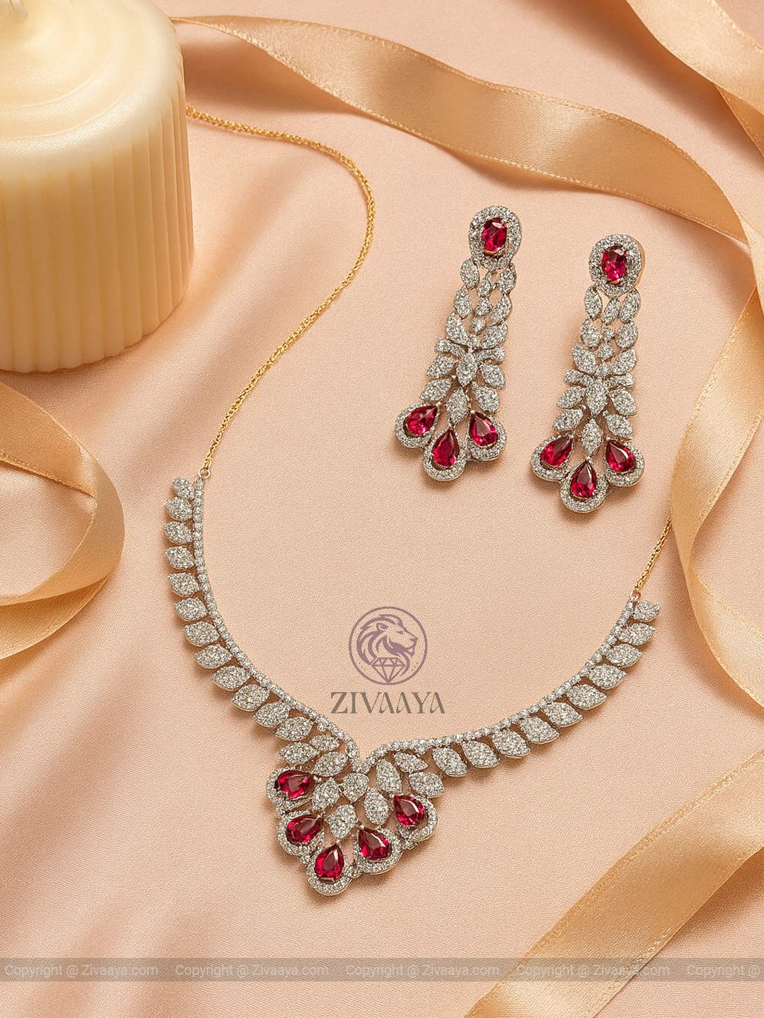 Ruby Bloom Silver Finish AD Necklace Set - Zivaaya