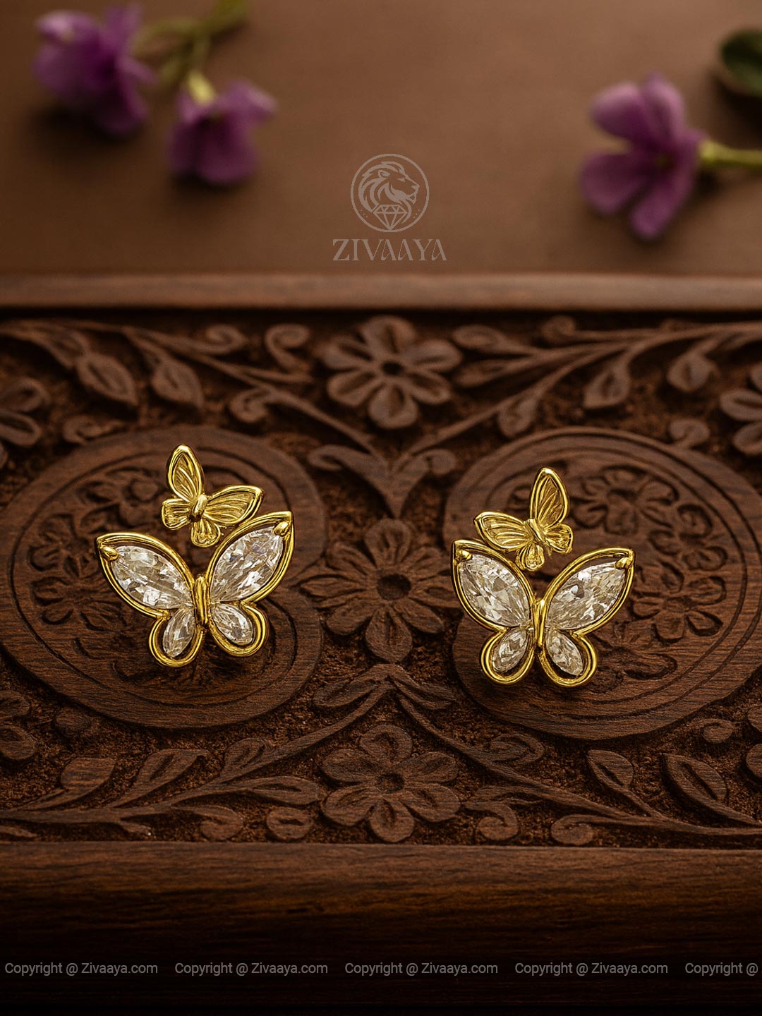 Butterfly Blossom American Diamond – Gold Finish Earrings - Zivaaya