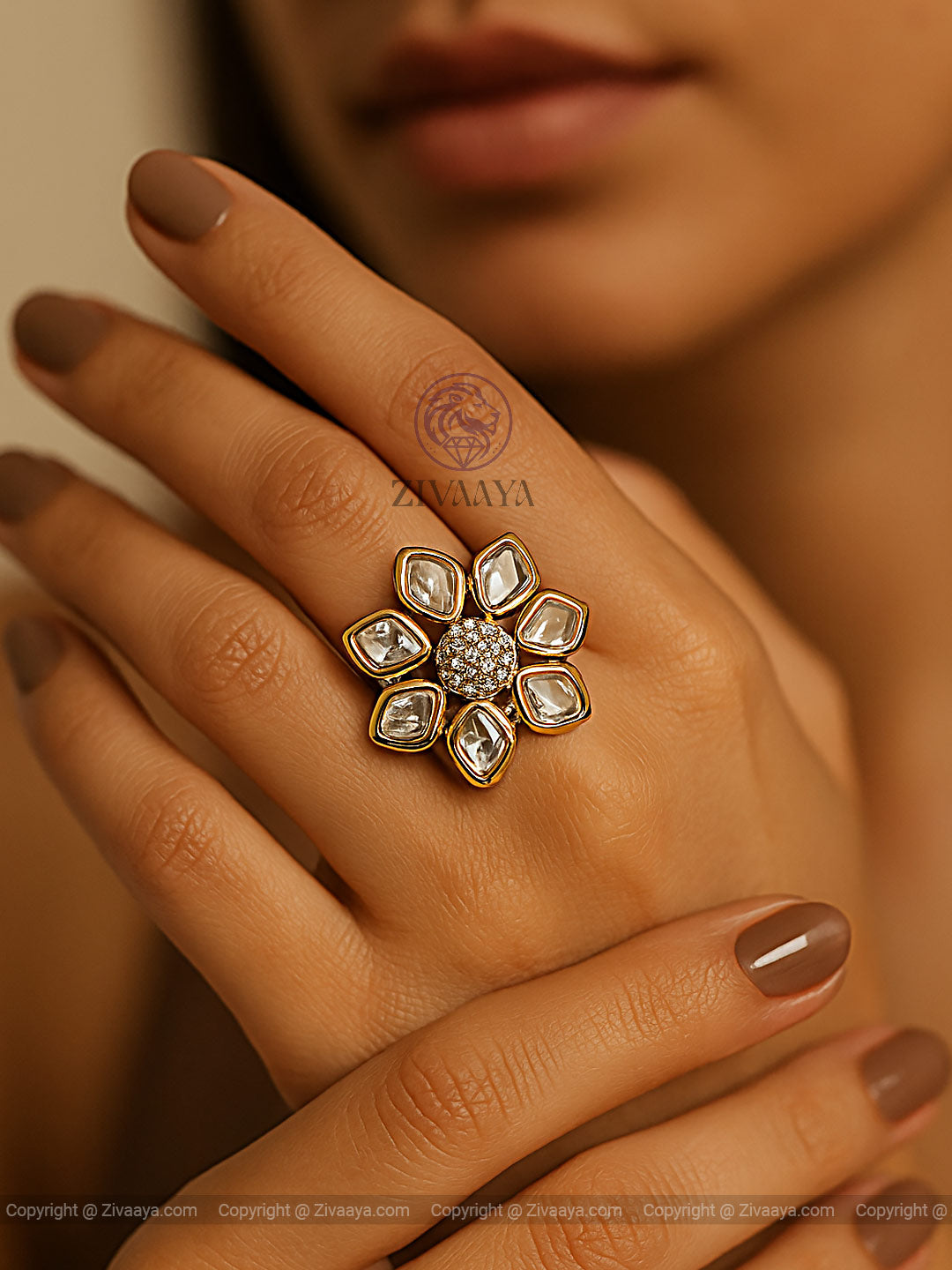 Floral Majesty Kundan AD Ring – Royal Statement Bloom