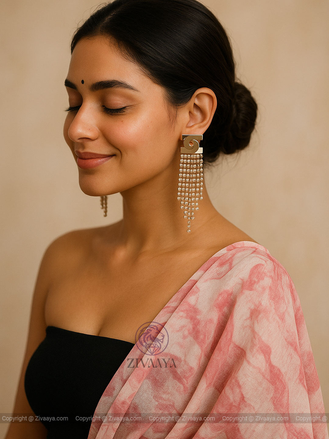 Silver Dangler Earrings with Pearl Strings | Zivaaya