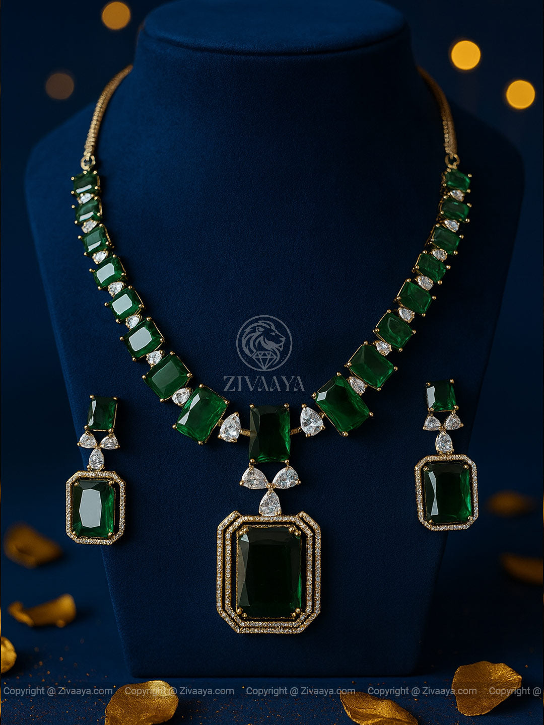 Royal Green Emerald AD Necklace Set - Zivaaya