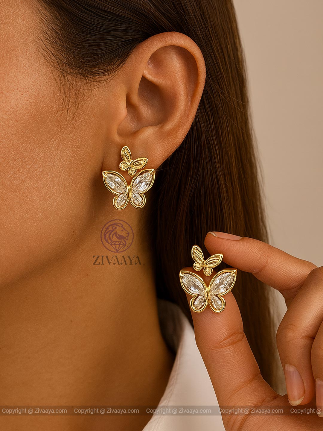 Butterfly Blossom American Diamond – Gold Finish Earrings - Zivaaya