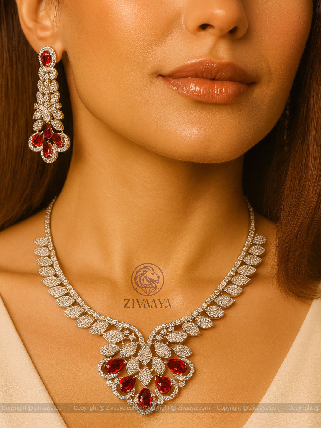 Ruby Bloom Silver Finish AD Necklace Set - Zivaaya