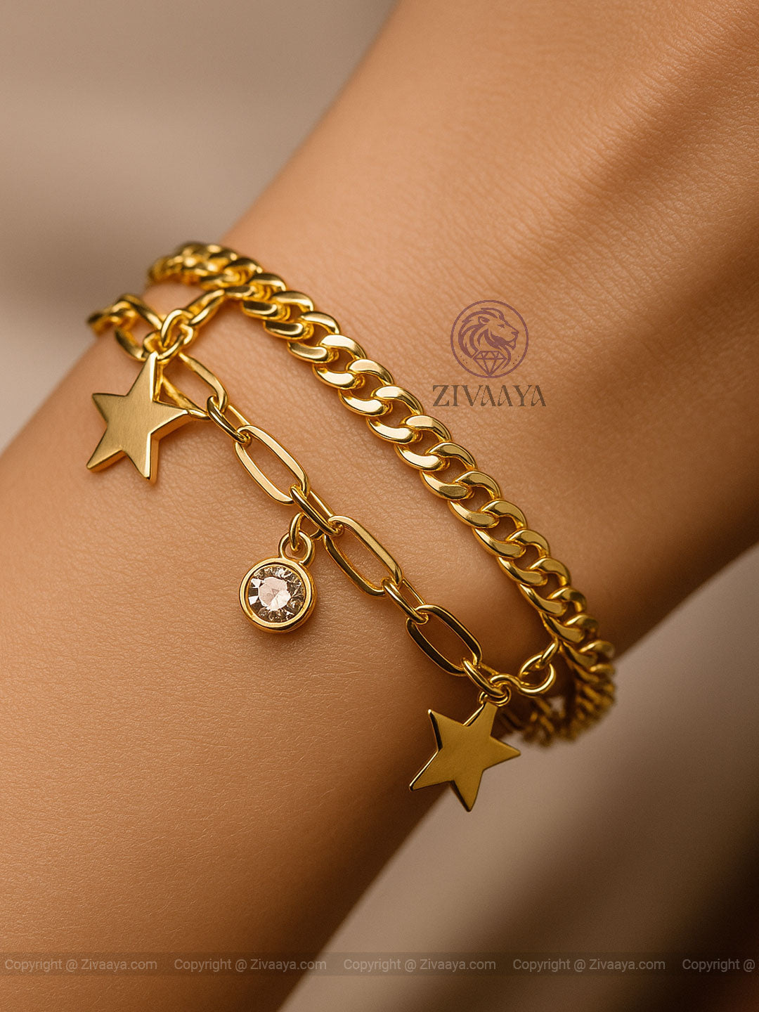Golden Star Charm Double Chain Bracelet for Women | Zivaaya