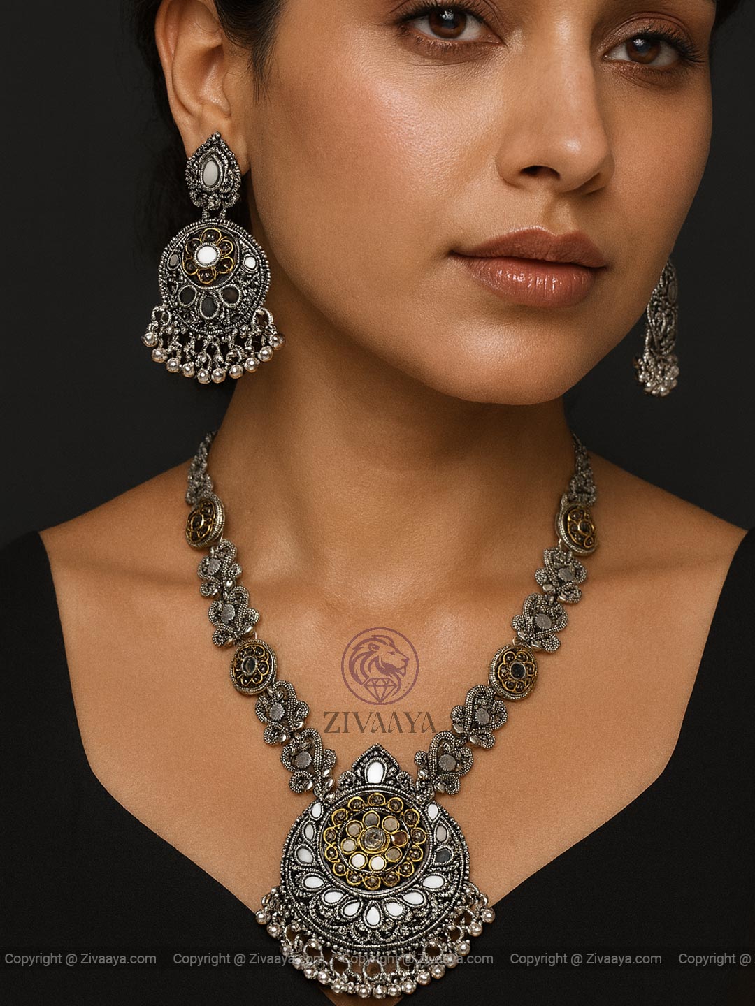 Antique Oxidised Silver & Gold Statement Necklace Set – Zivaaya