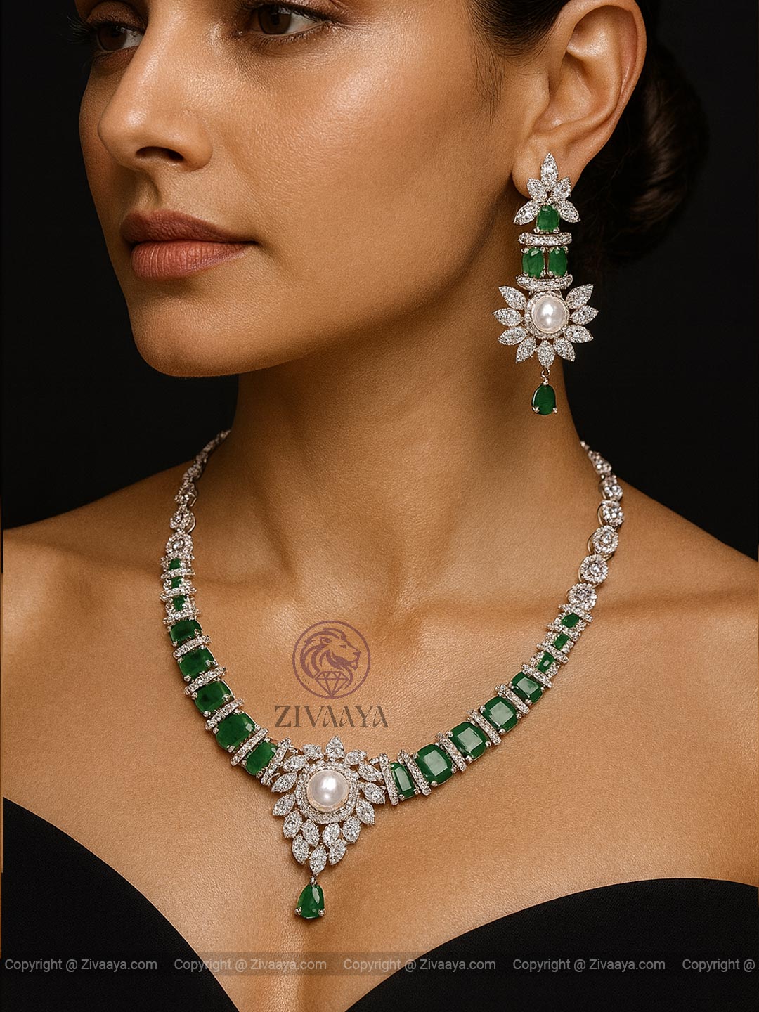 Emerald Bloom Green Pearl AD Necklace Set - Zivaaya