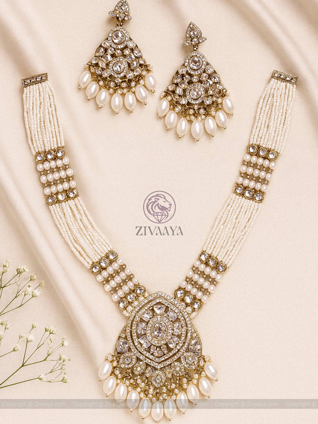 Royal white kundan pearl bridal necklace set - Zivaaya