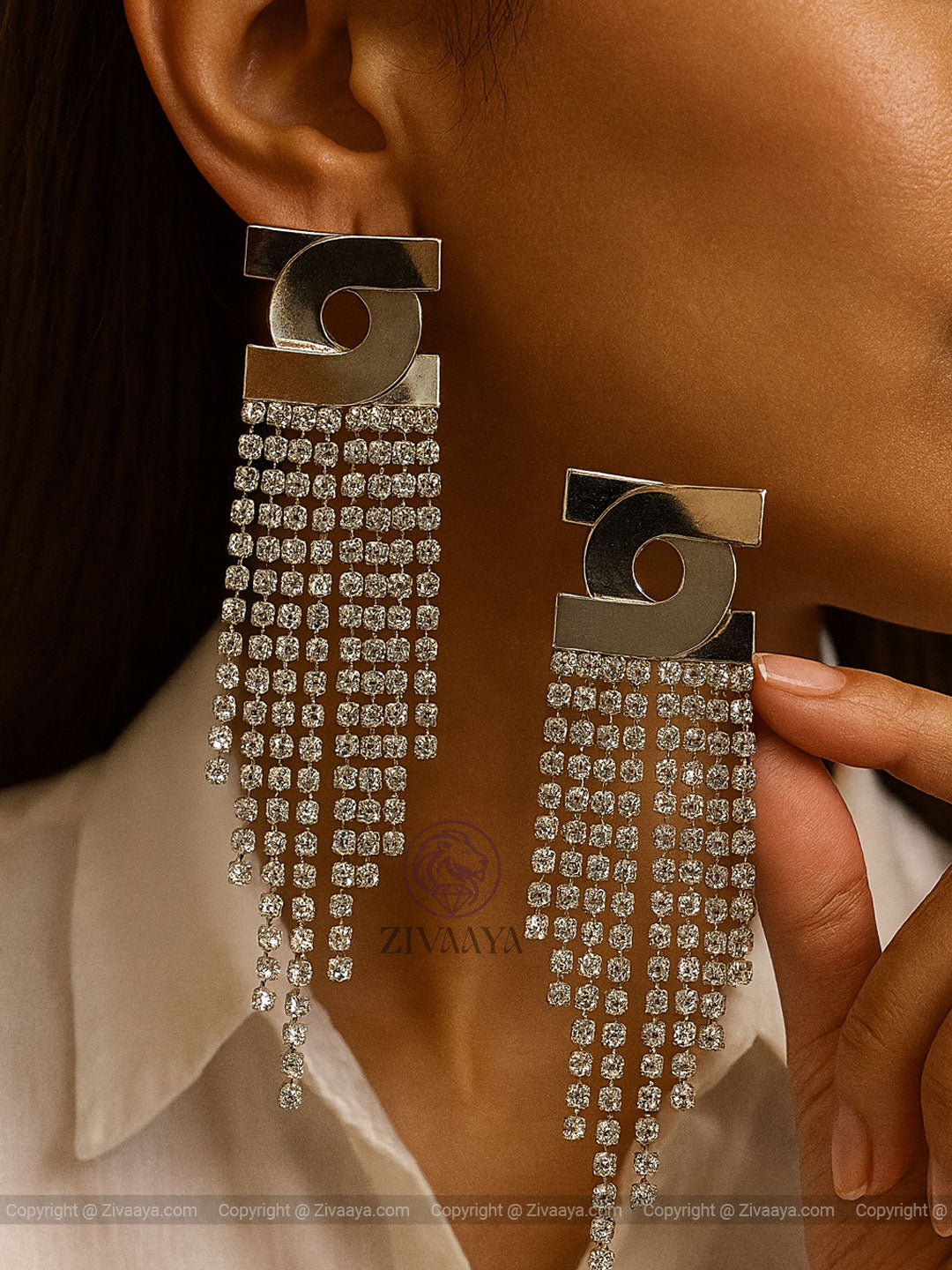 Silver Dangler Earrings with Pearl Strings | Zivaaya