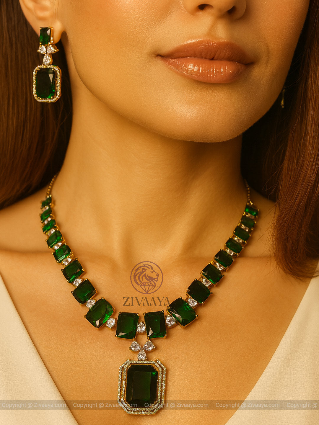 Royal Green Emerald AD Necklace Set - Zivaaya