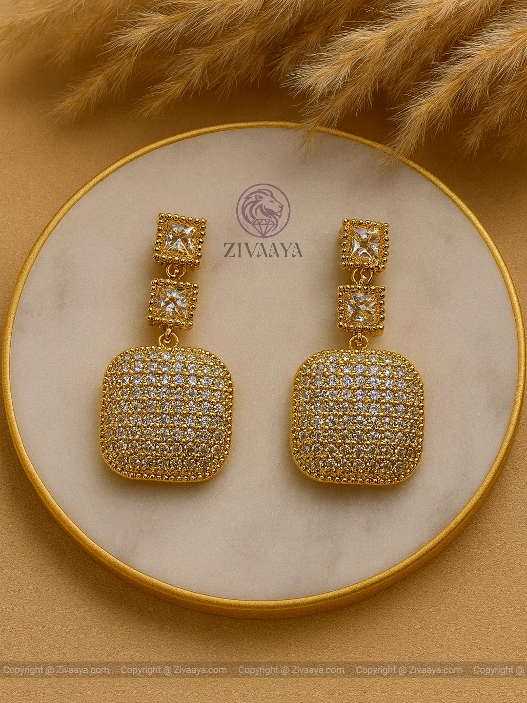 Gold Finish Square American Diamond Earrings – Zivaaya