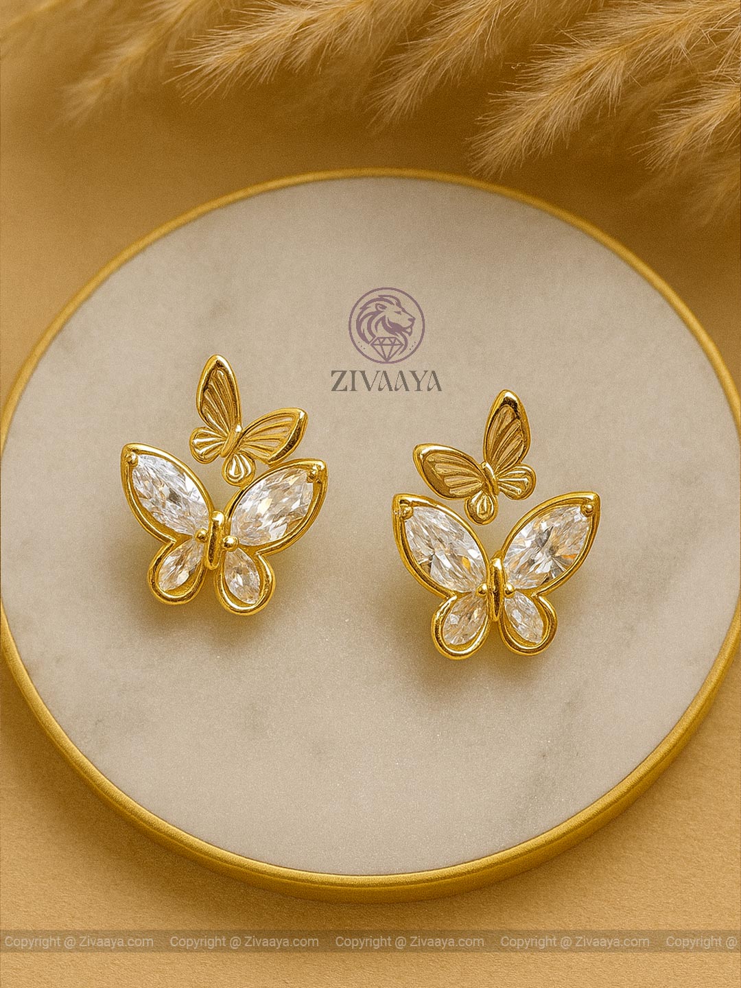 Butterfly Blossom American Diamond – Gold Finish Earrings - Zivaaya