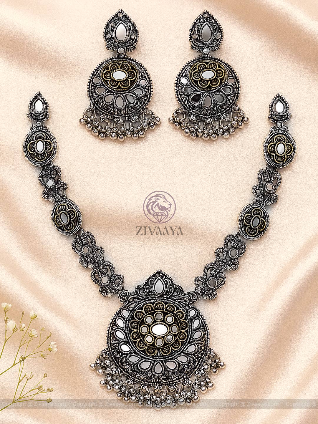 Antique Oxidised Silver & Gold Statement Necklace Set – Zivaaya
