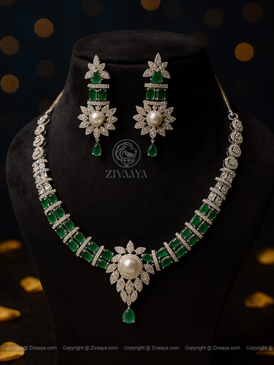 Emerald Bloom Green Pearl AD Necklace Set - Zivaaya
