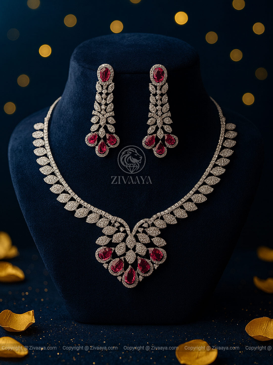 Ruby Bloom Silver Finish AD Necklace Set - Zivaaya
