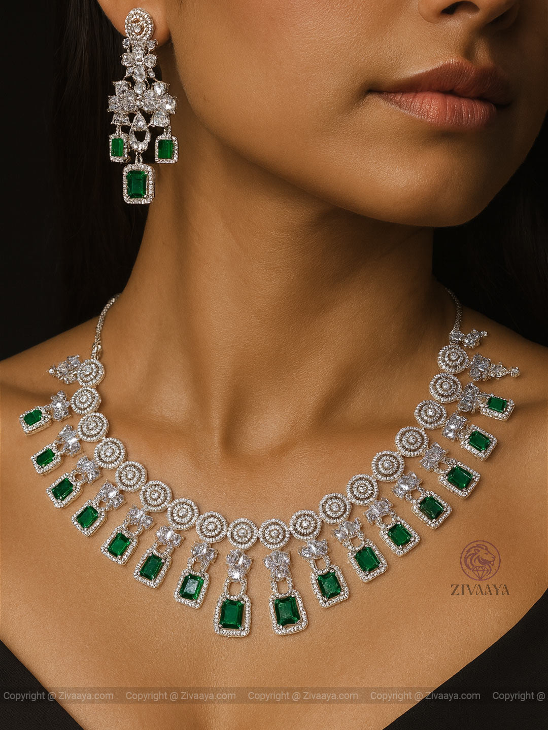 Majesty Silver Emerald Green Necklace Set – Zivaaya