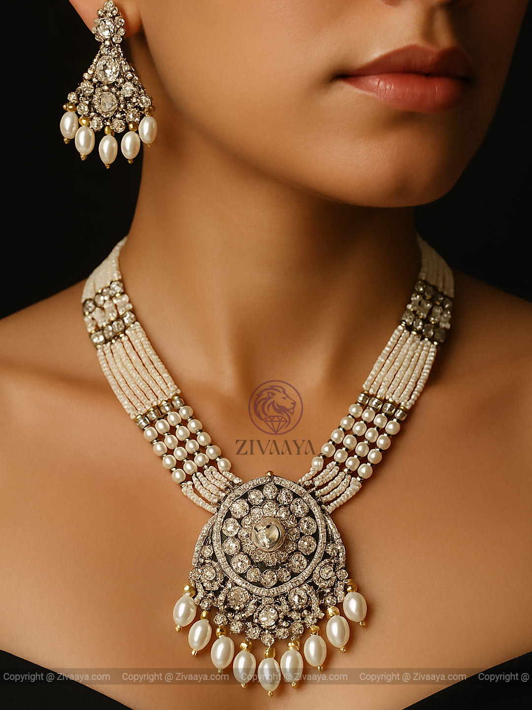 Royal white kundan pearl bridal necklace set - Zivaaya