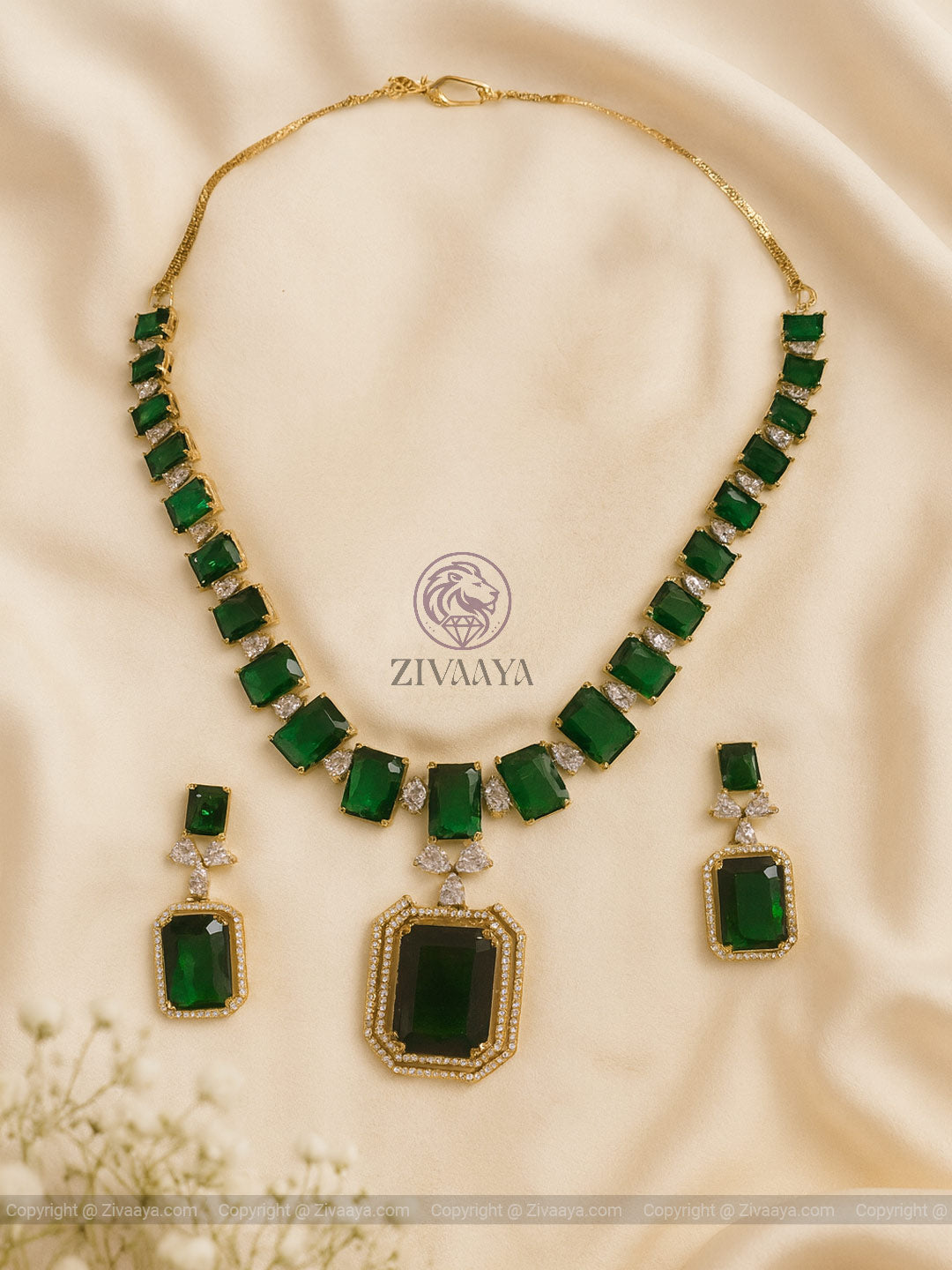 Royal Green Emerald AD Necklace Set - Zivaaya